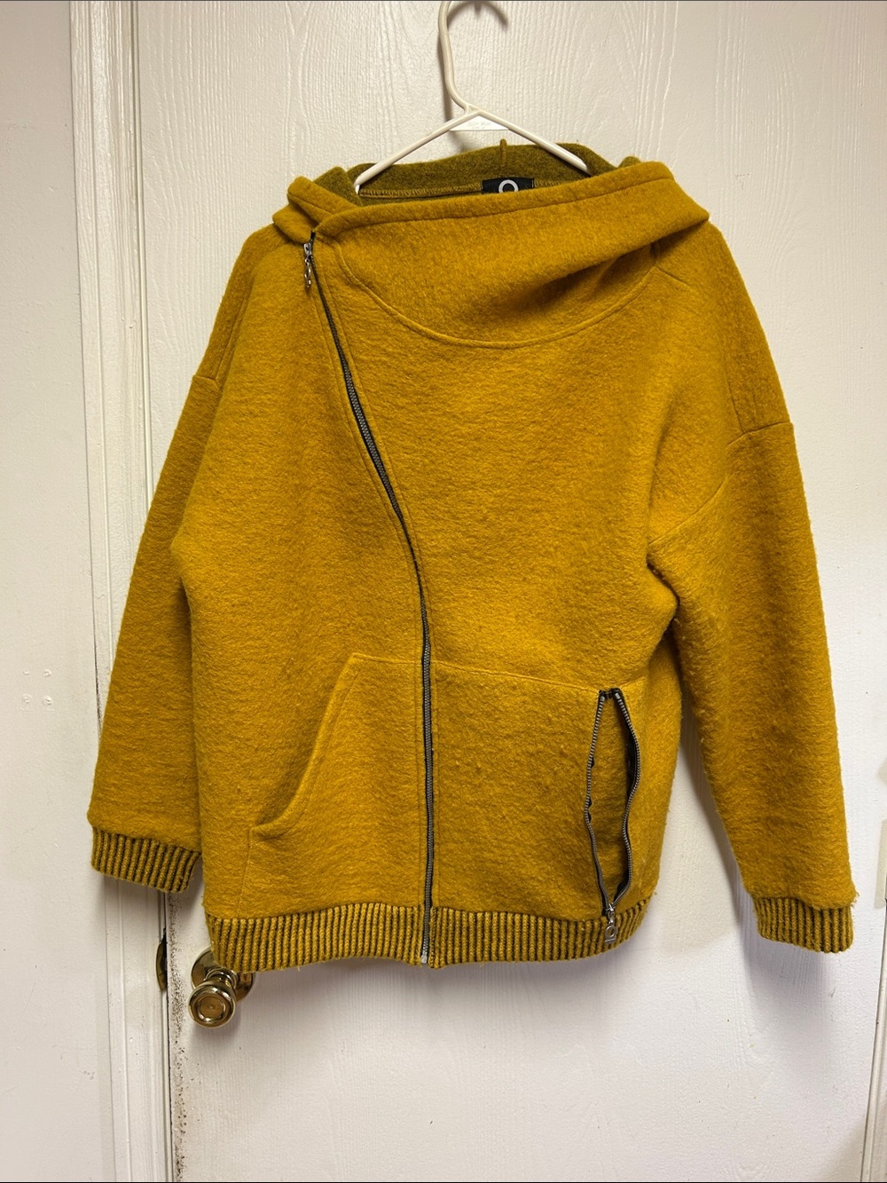 Mustard Zip-Front Wool Blend Hooded Jacket - Women